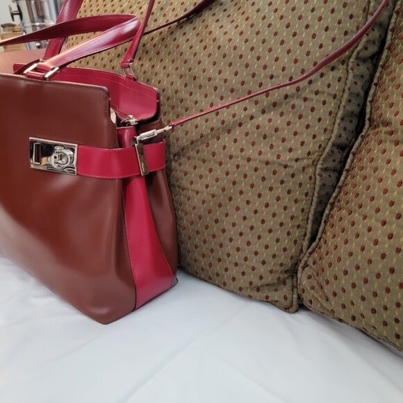 Salvatore Ferragamo Patent Leather Tote Purse Cognac Burgundy Red Gold Crossbody - Picture 9 of 17
